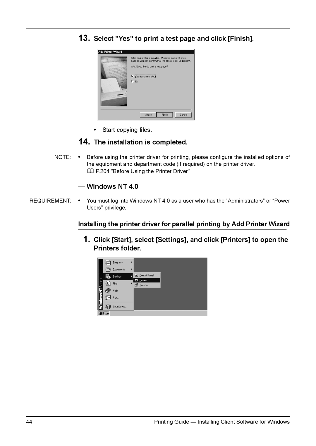 Toshiba 280, 200L, 230L, 3511, e-Studio 350 manual Select Yes to print a test page and click Finish, Windows NT 