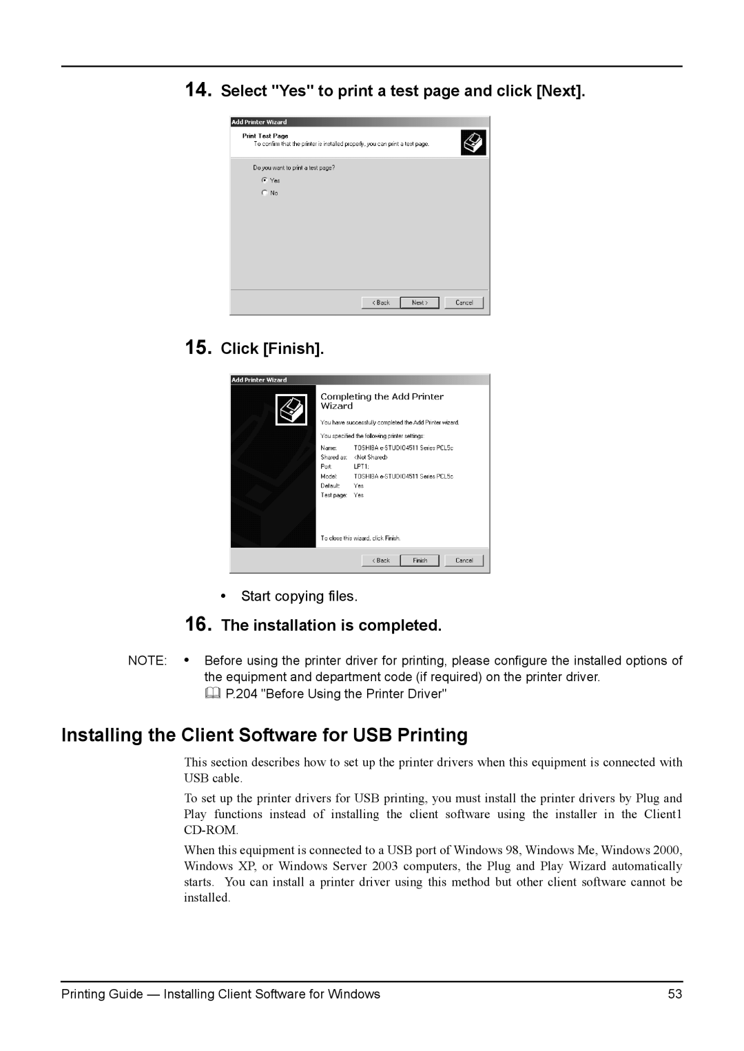 Toshiba e-Studio 350, 200L, 280, 230L, 3511 manual Installing the Client Software for USB Printing 