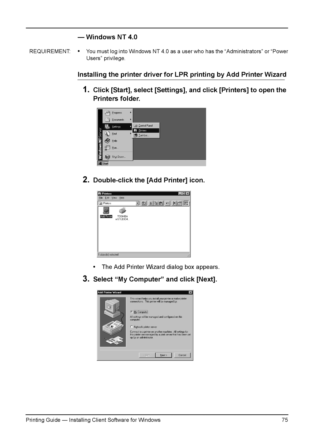 Toshiba 230L, 200L, 280, 3511, e-Studio 350 manual Windows NT, Select My Computer and click Next 