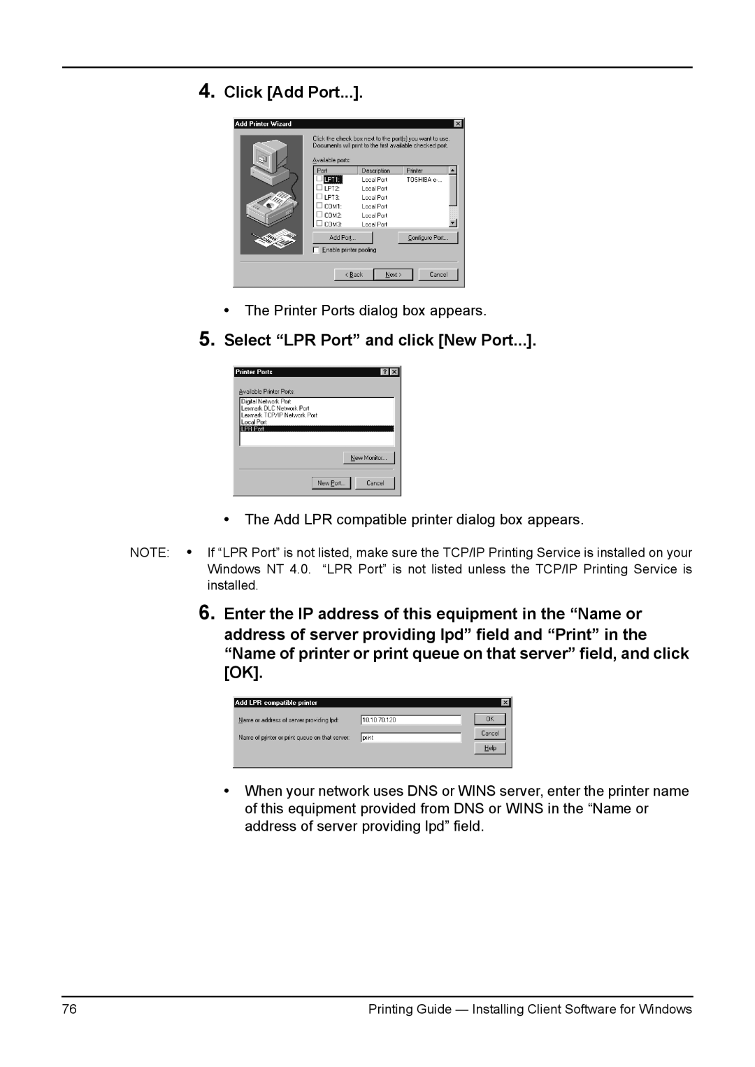 Toshiba 3511, 200L, 280, 230L, e-Studio 350 manual Click Add Port, Select LPR Port and click New Port 