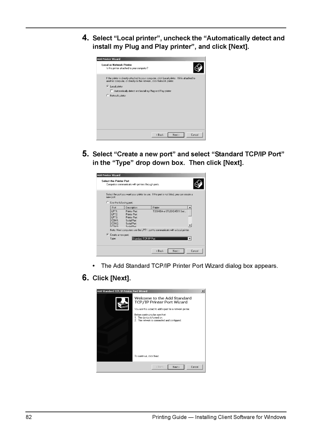 Toshiba 3511, 200L, 280, 230L, e-Studio 350 manual Add Standard TCP/IP Printer Port Wizard dialog box appears 