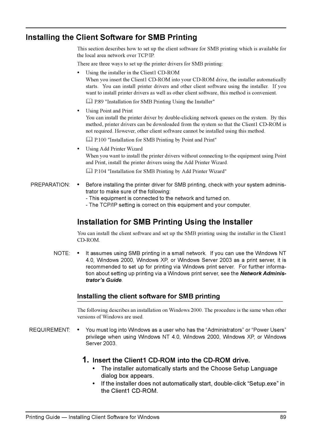 Toshiba e-Studio 350 Installing the Client Software for SMB Printing, Installation for SMB Printing Using the Installer 