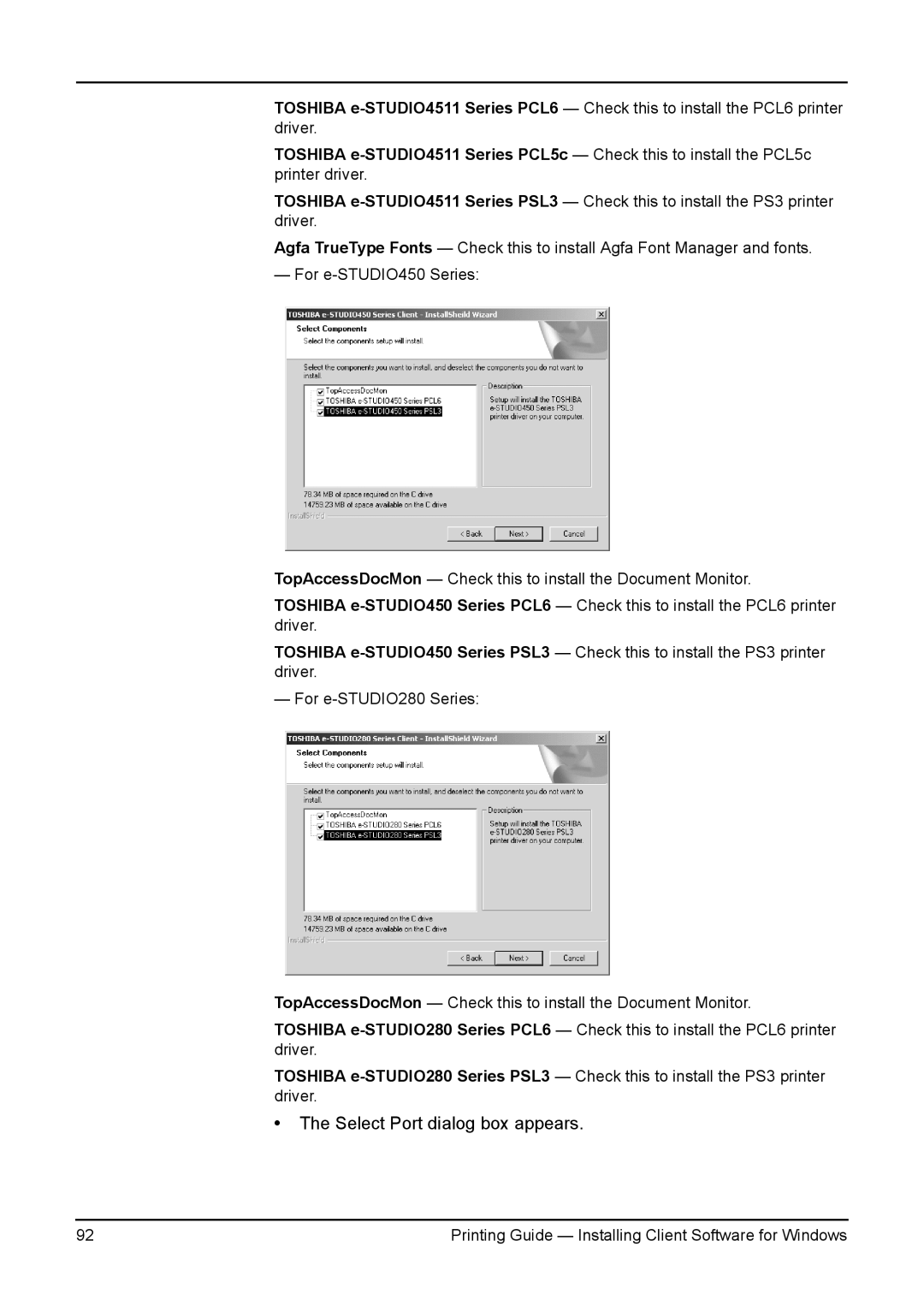 Toshiba 280, 200L, 230L, 3511, e-Studio 350 manual Select Port dialog box appears 