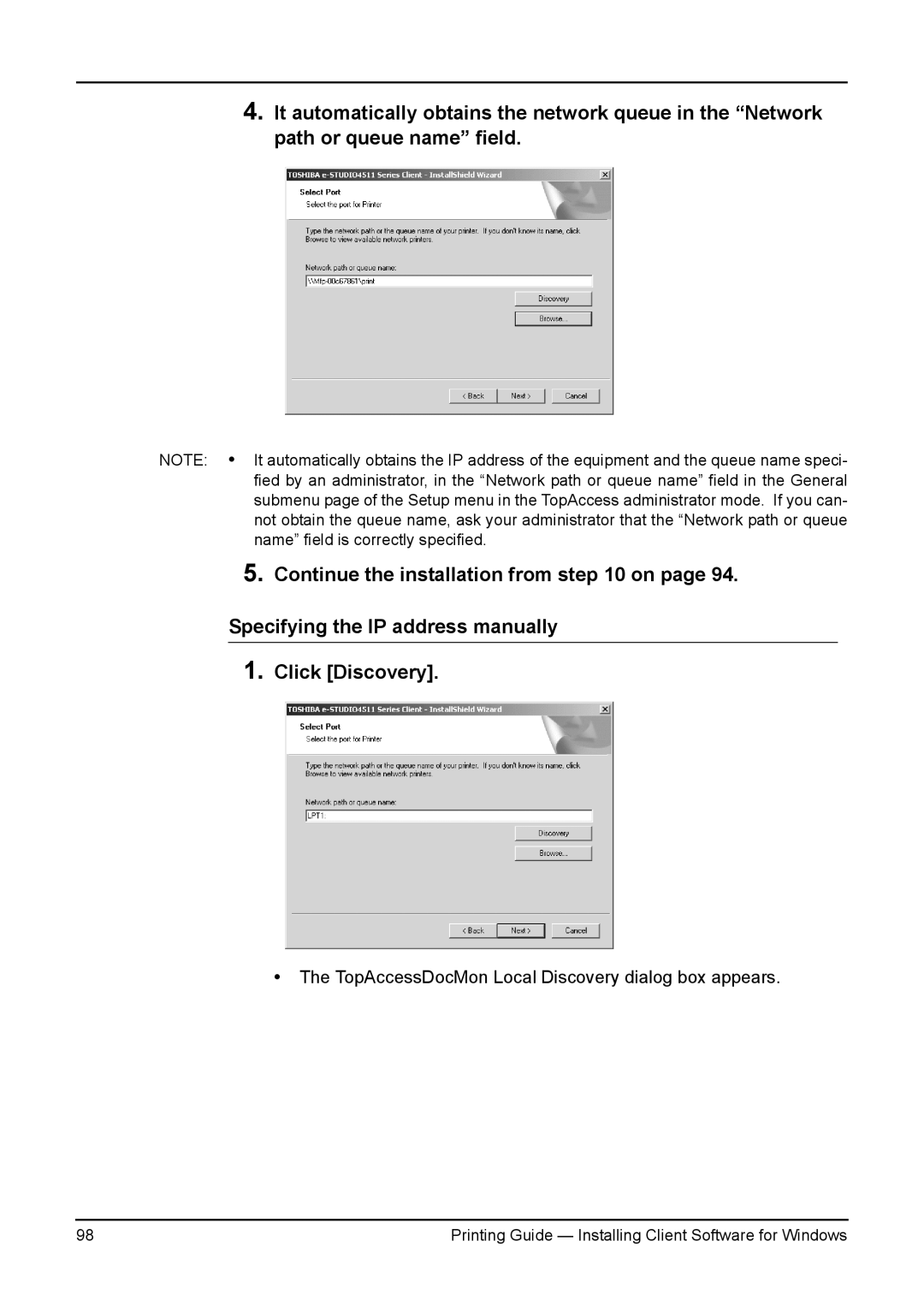 Toshiba 280, 200L, 230L, 3511, e-Studio 350 manual TopAccessDocMon Local Discovery dialog box appears 