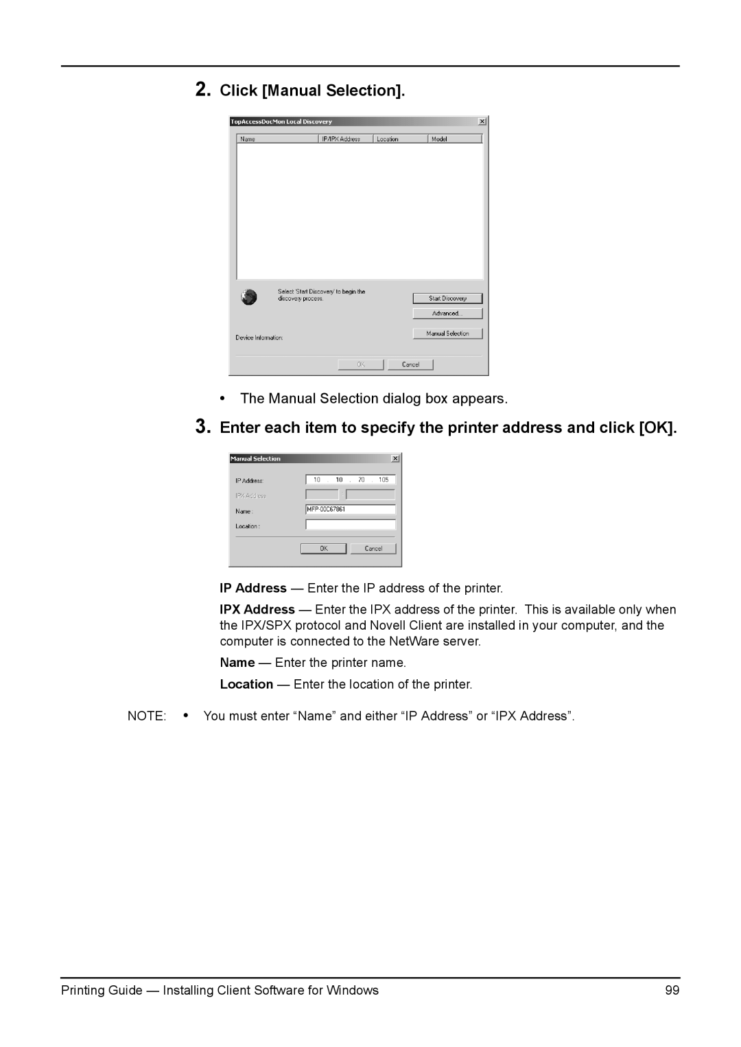 Toshiba 230L, 200L, 280, 3511 manual Click Manual Selection, Enter each item to specify the printer address and click OK 