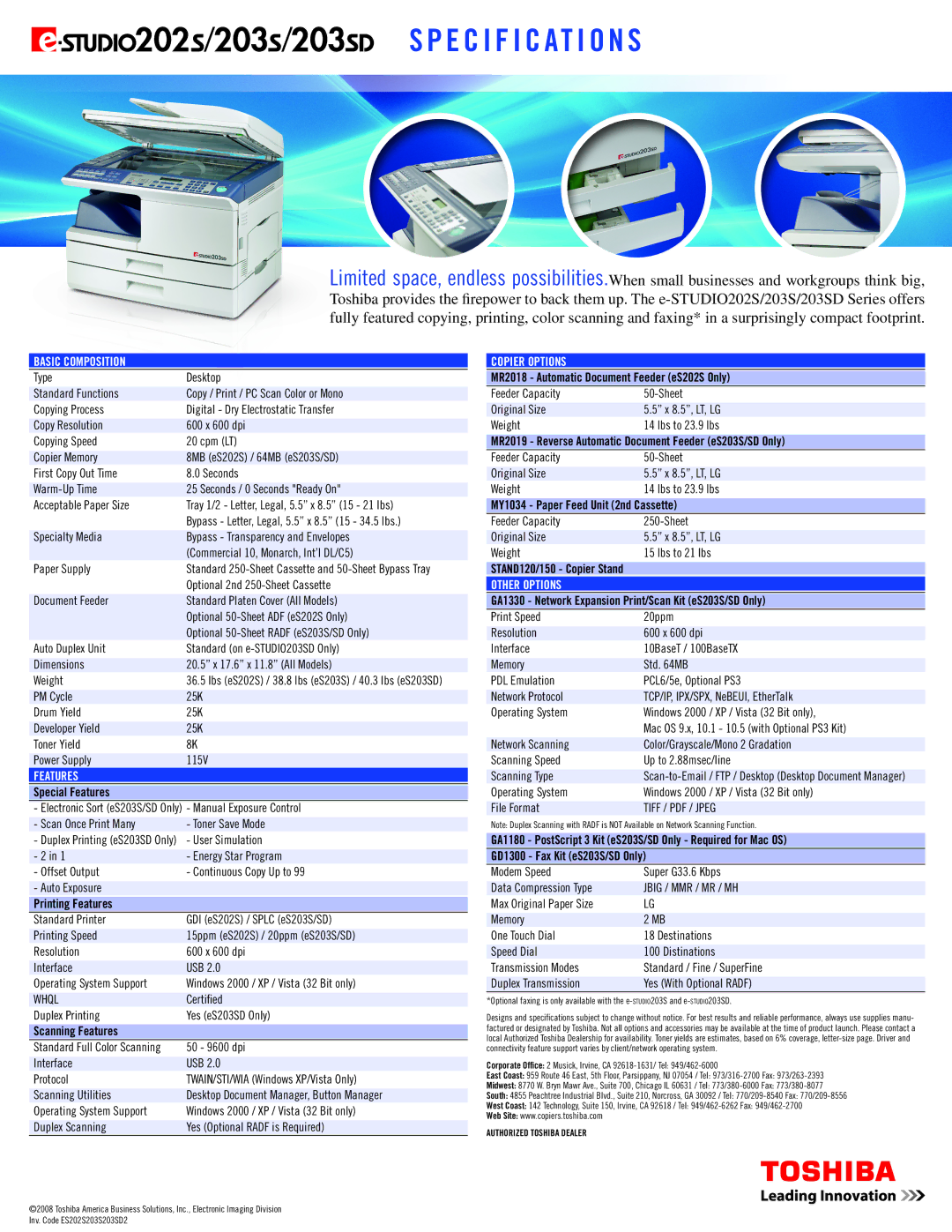 Toshiba 203SD, 202S, Studio 202s/203s/203sd manual Basic Composition, Features, Copier Options, Other Options 