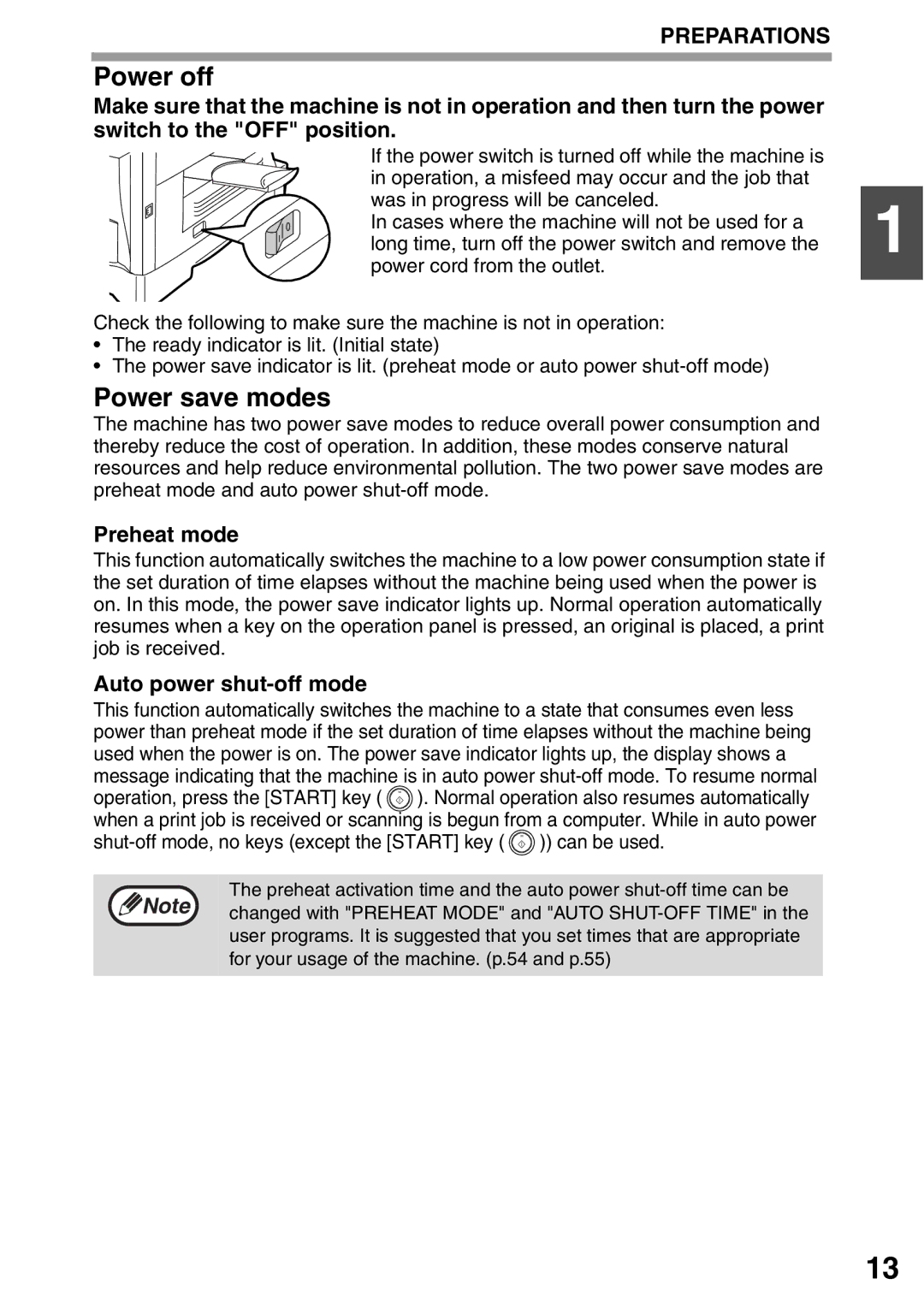 Toshiba 203SD manual Power off, Power save modes, Preheat mode, Auto power shut-off mode 