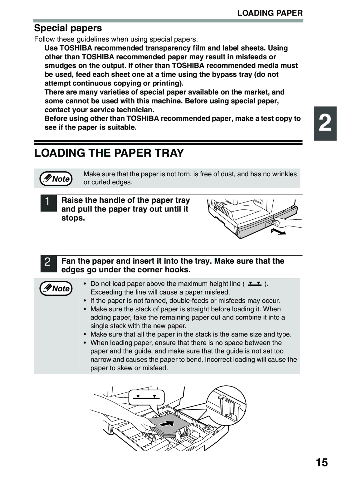 Toshiba 203SD manual Loading the Paper Tray, Special papers, Follow these guidelines when using special papers 