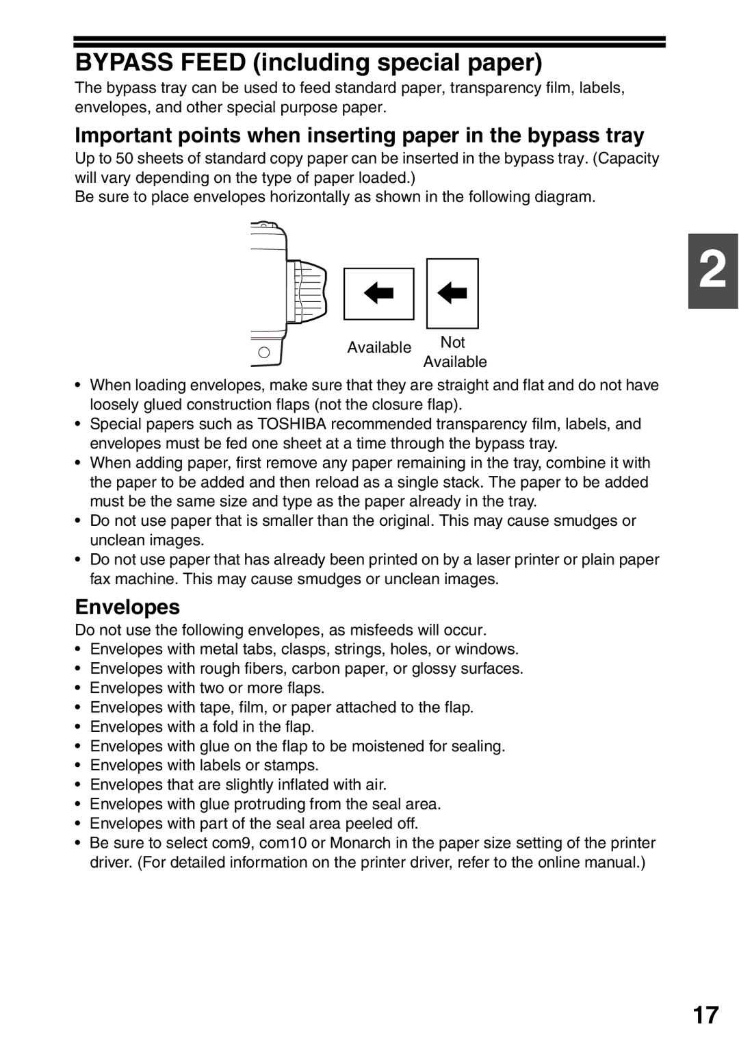 Toshiba 203SD manual Important points when inserting paper in the bypass tray, Envelopes 