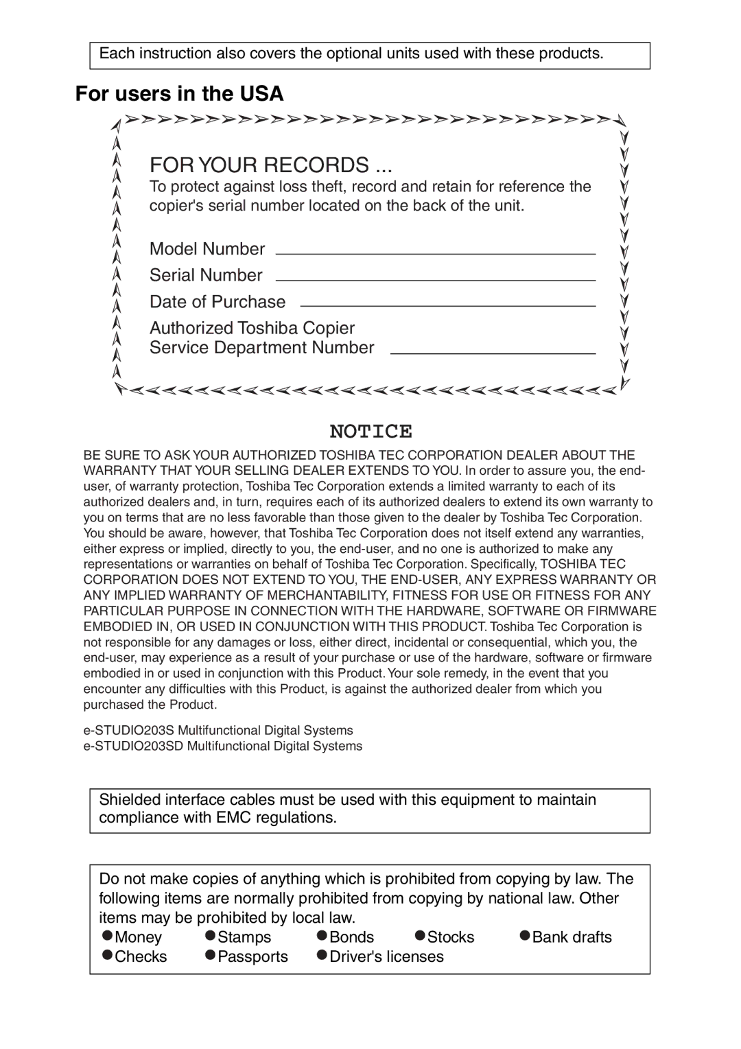 Toshiba 203SD manual For users in the USA, Checks Passports Drivers licenses 