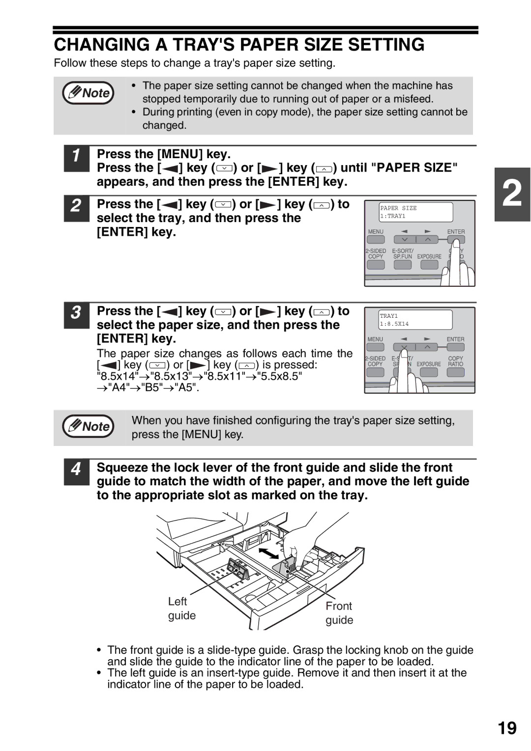 Toshiba 203SD Changing a Trays Paper Size Setting, Select the tray, and then press, Press the Menu key, Left Front Guide 