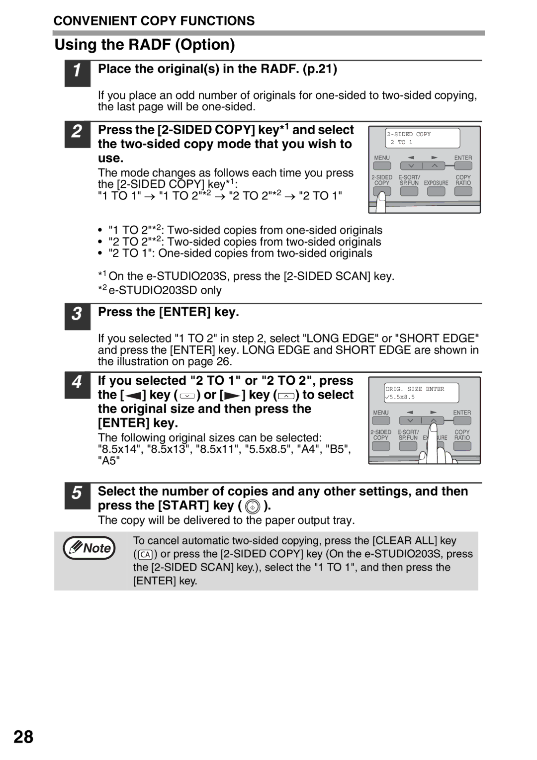 Toshiba 203S Place the originals in the RADF. p.21, Press the Enter key, To 1 One-sided copies from two-sided originals 