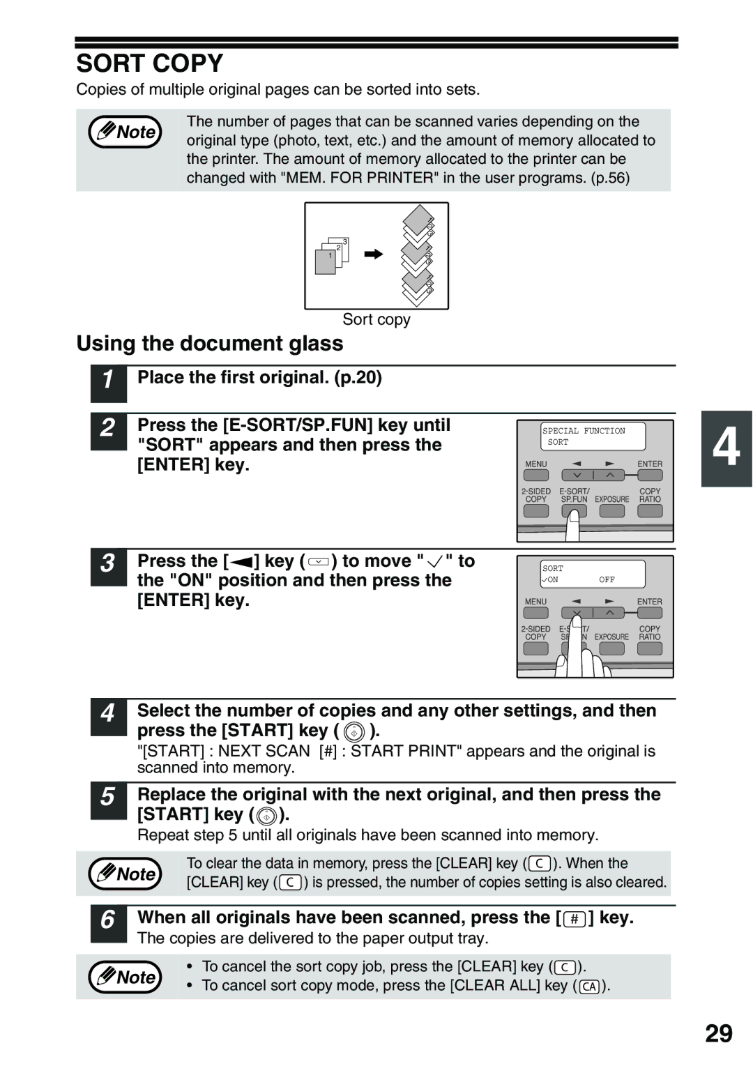 Toshiba 203SD manual Sort Copy, Sort appears and then press, When all originals have been scanned, press the key 