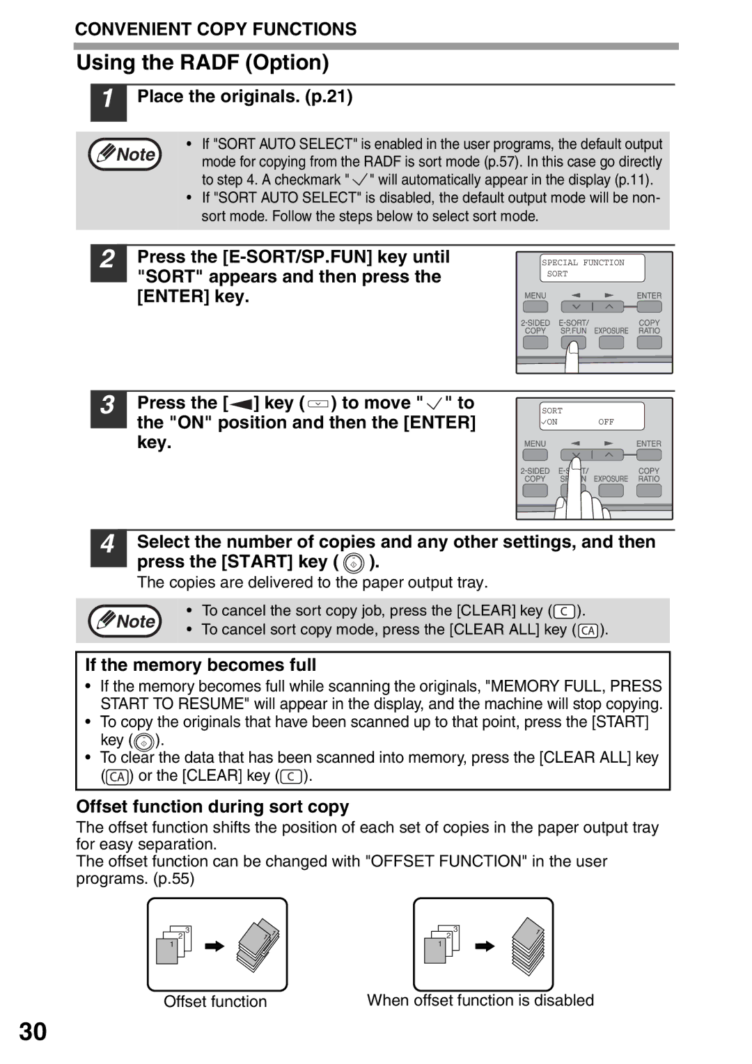 Toshiba 203SD manual Place the originals. p.21, If the memory becomes full, Offset function during sort copy 