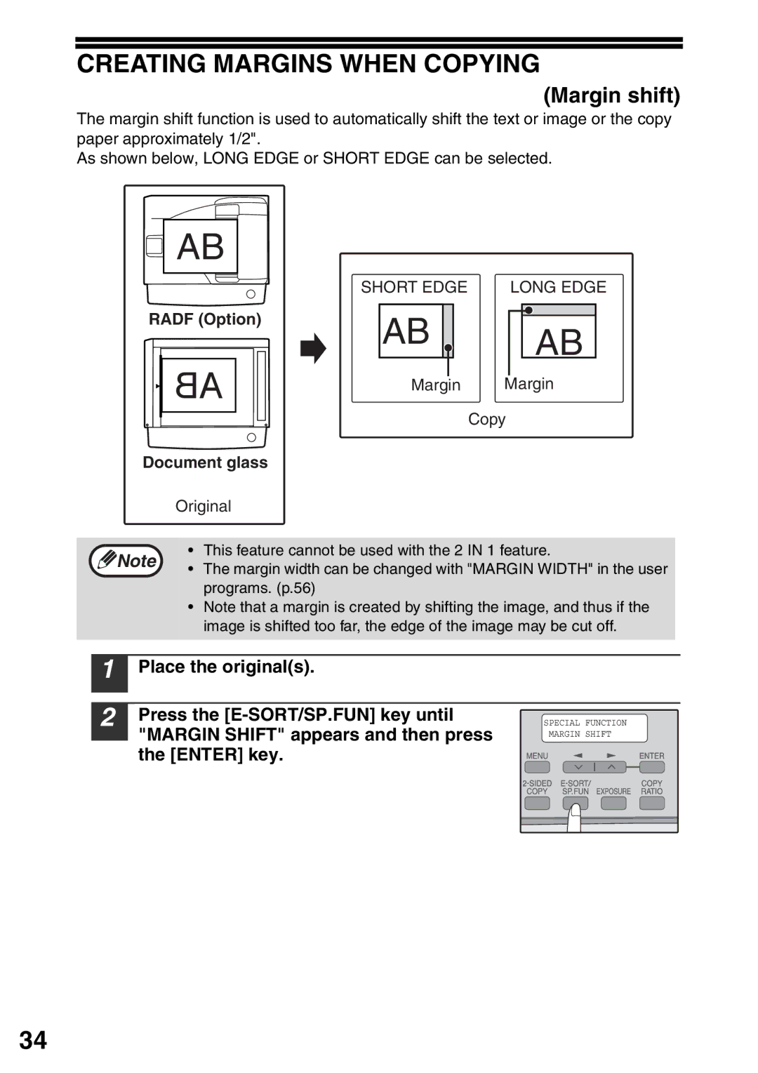 Toshiba 203S Creating Margins When Copying, Margin shift, Place the originals Press the E-SORT/SP.FUN key until, Enter key 