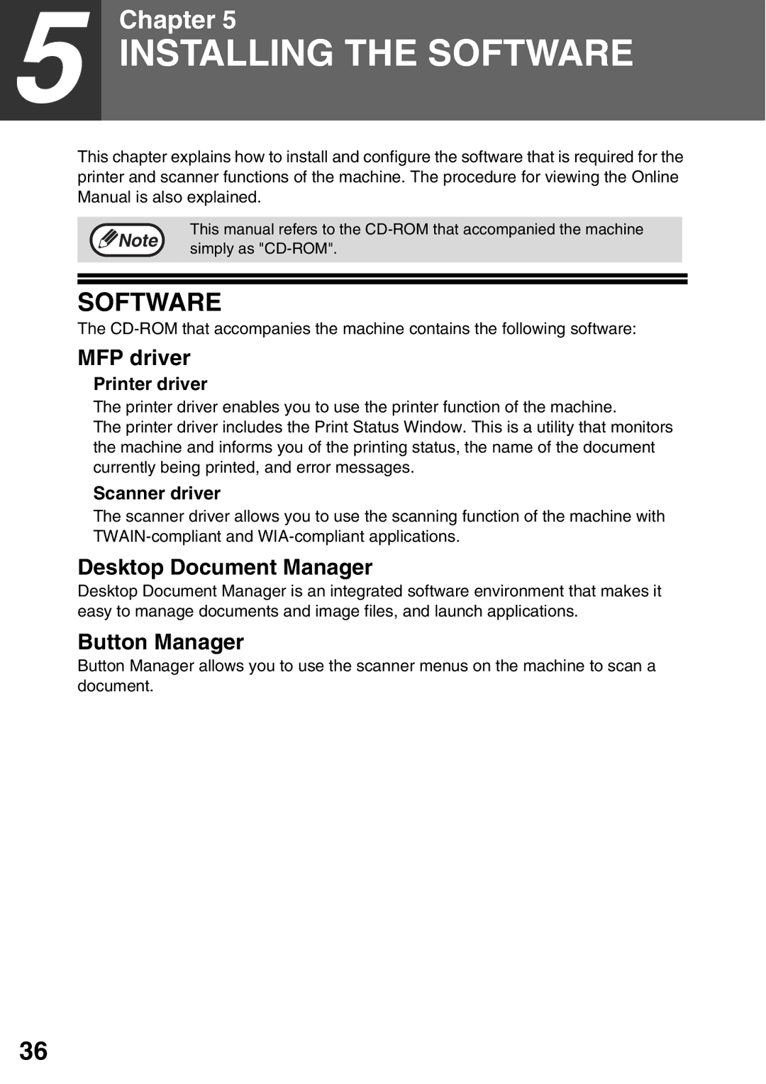 Toshiba 203SD manual Installing the Software, MFP driver, Desktop Document Manager, Button Manager 