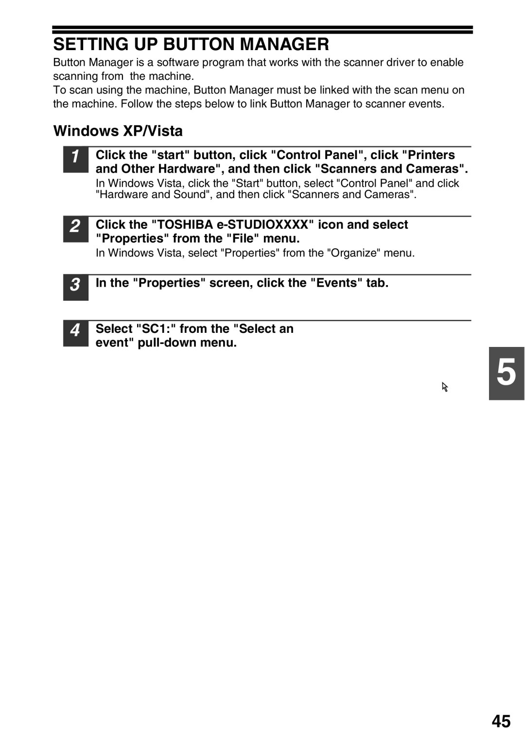 Toshiba 203SD manual Setting UP Button Manager, Windows XP/Vista, Windows Vista, select Properties from the Organize menu 