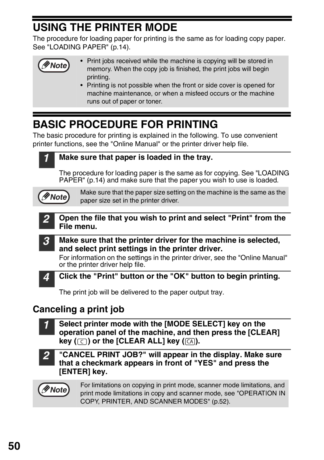 Toshiba 203SD manual Using the Printer Mode, Basic Procedure for Printing, Canceling a print job 