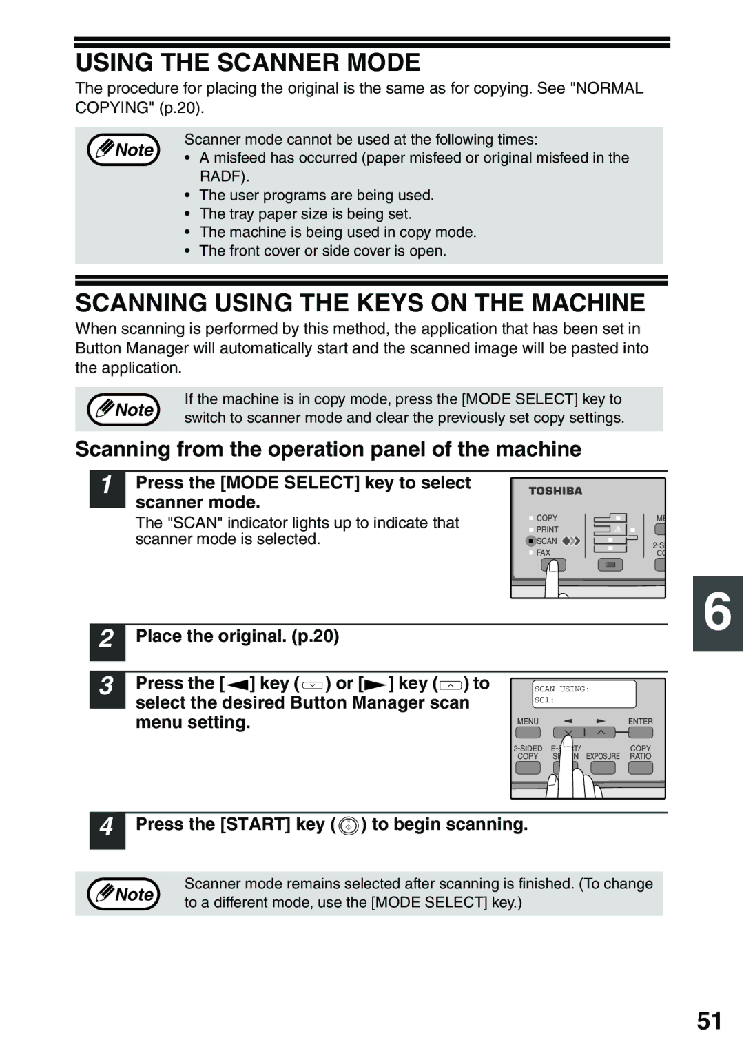 Toshiba 203SD manual Using the Scanner Mode, Scanning Using the Keys on the Machine 