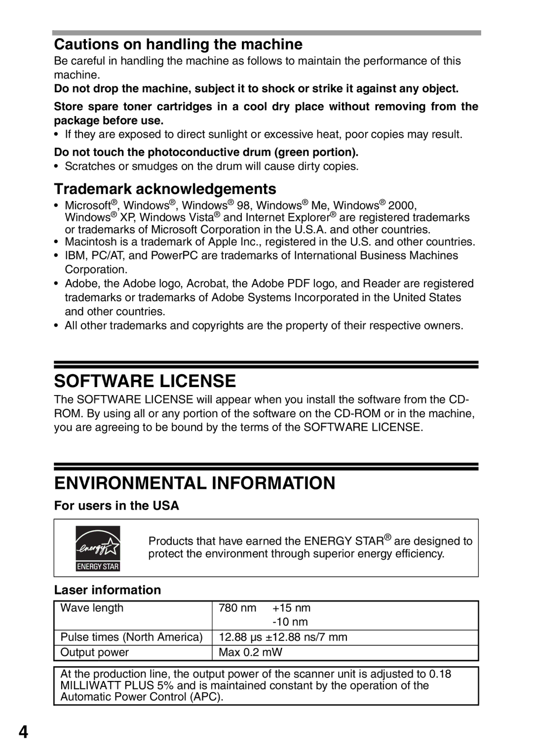 Toshiba 203SD manual Software License, Environmental Information, Trademark acknowledgements, For users in the USA 