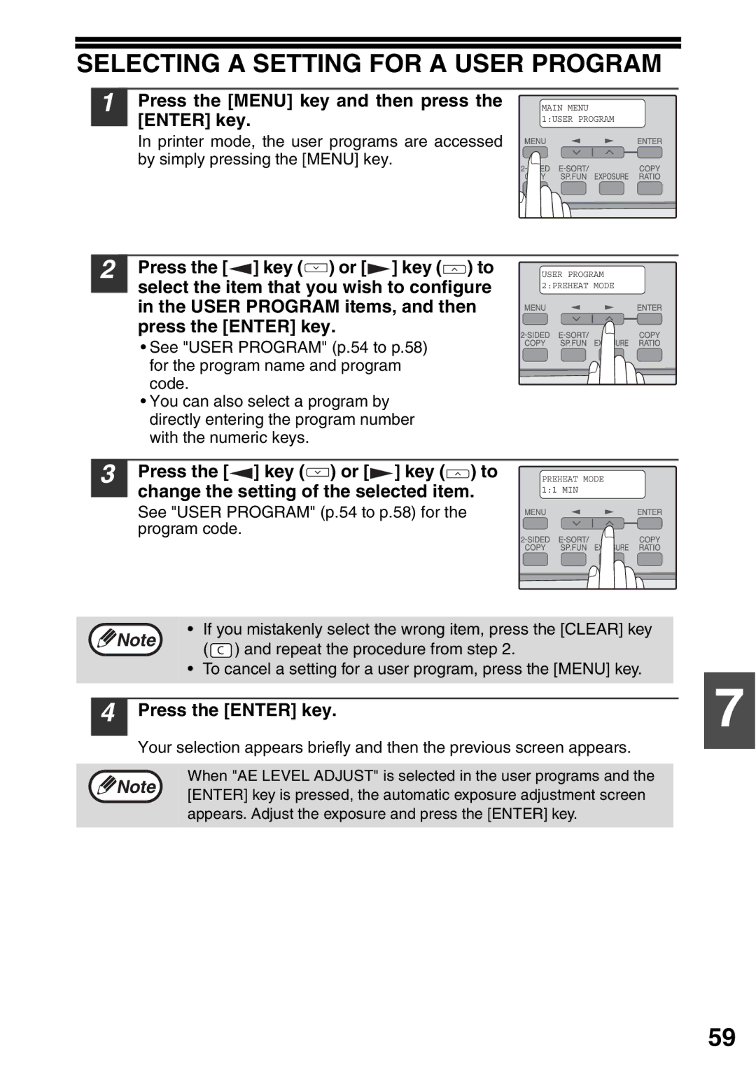 Toshiba 203SD manual Selecting a Setting for a User Program, Press the Menu key and then press the Enter key 