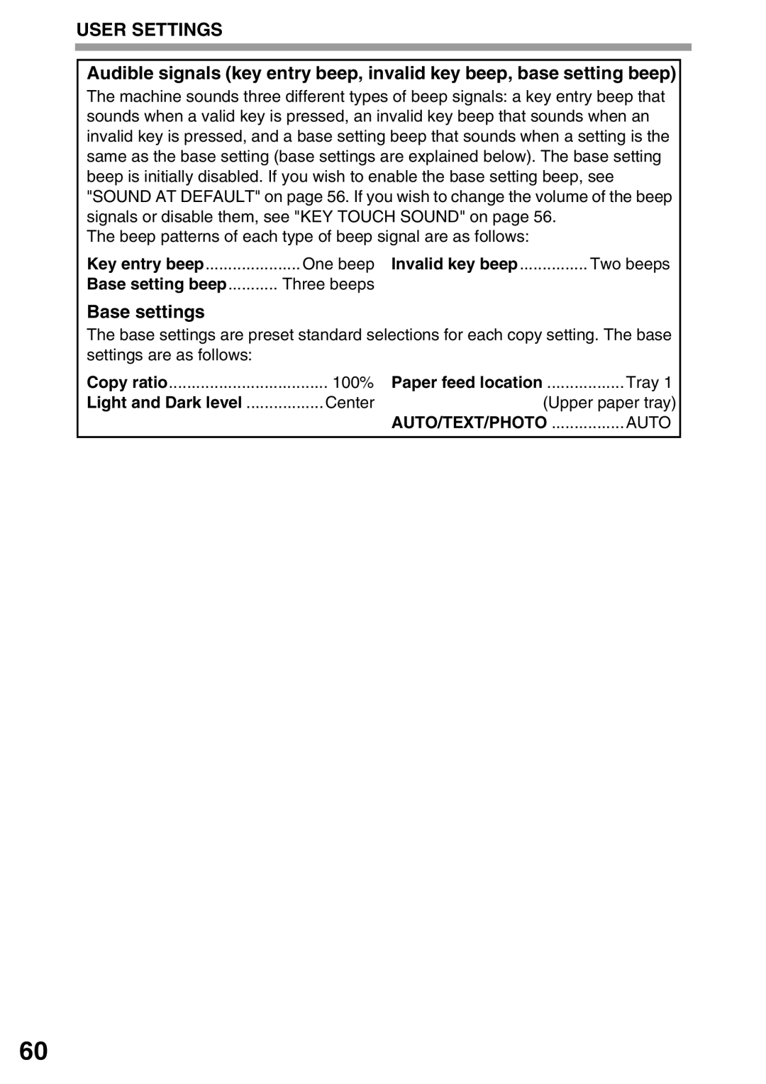 Toshiba 203SD manual Base settings, One beep, Invalid key beep, Base setting beep 