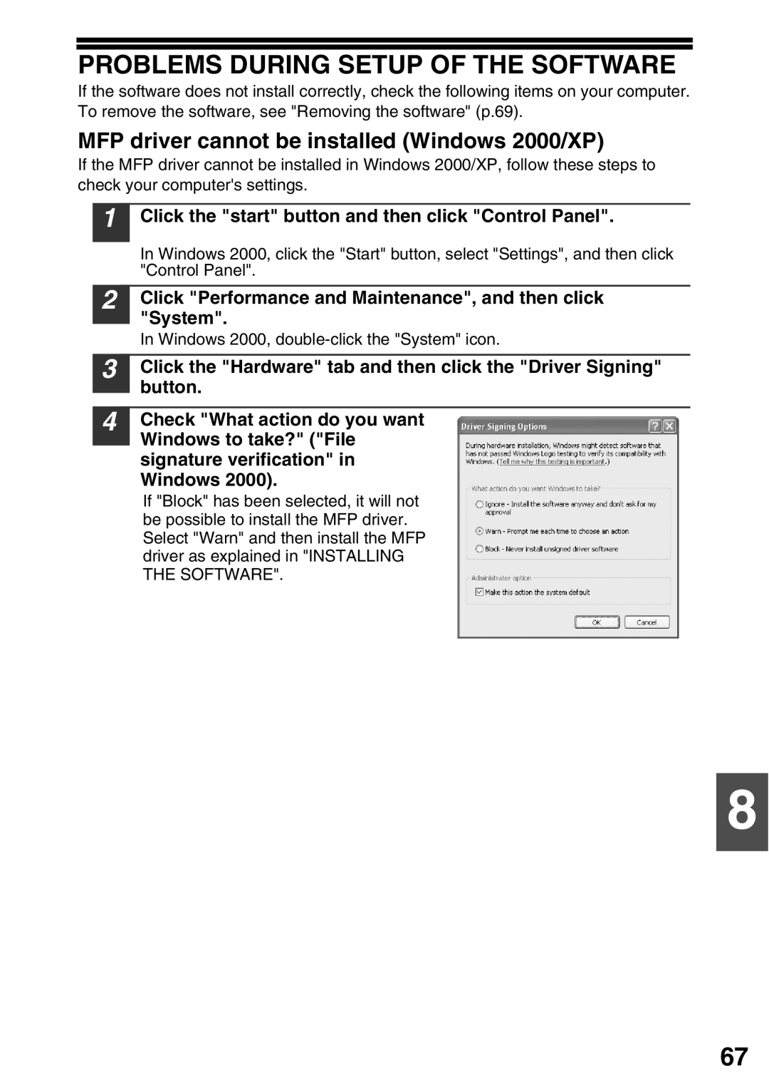 Toshiba 203SD manual Problems During Setup of the Software, MFP driver cannot be installed Windows 2000/XP 