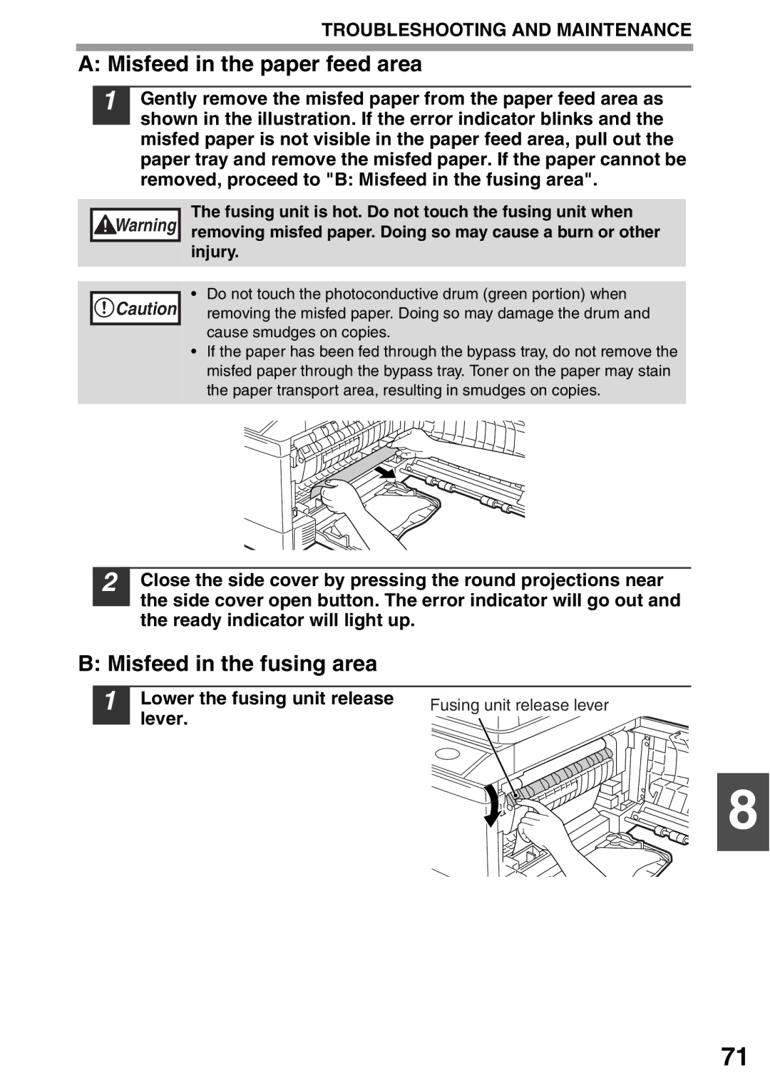 Toshiba 203SD manual Misfeed in the paper feed area, Misfeed in the fusing area 