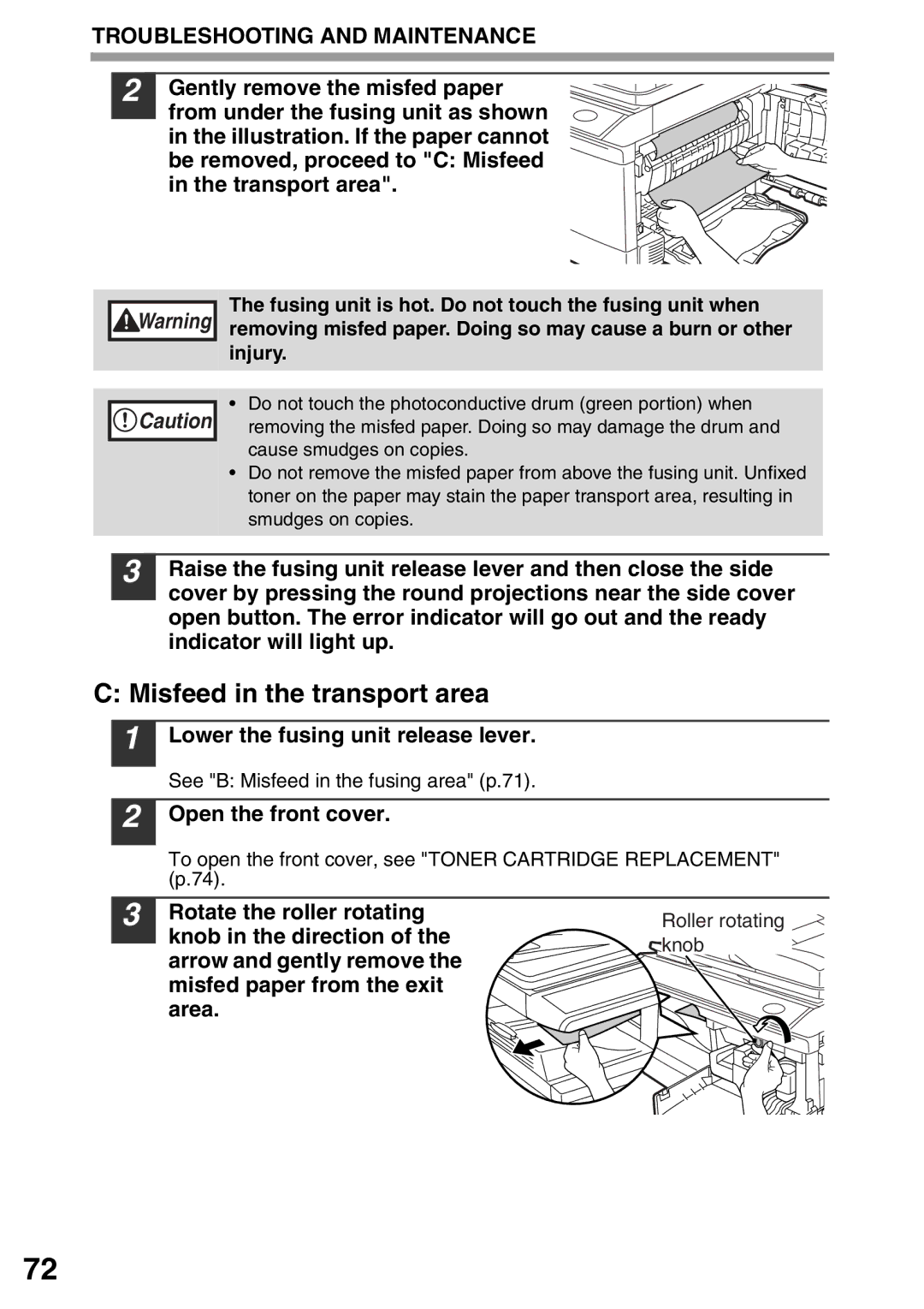 Toshiba 203SD manual Misfeed in the transport area, Lower the fusing unit release lever, Open the front cover 