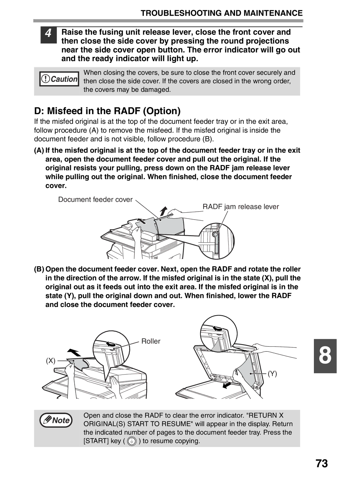 Toshiba 203SD manual Misfeed in the Radf Option, Document feeder cover Radf jam release lever 