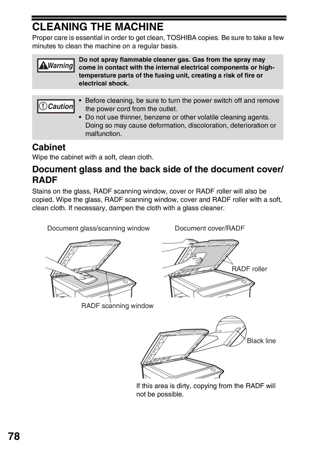 Toshiba 203SD manual Cleaning the Machine, Cabinet, Document glass and the back side of the document cover 