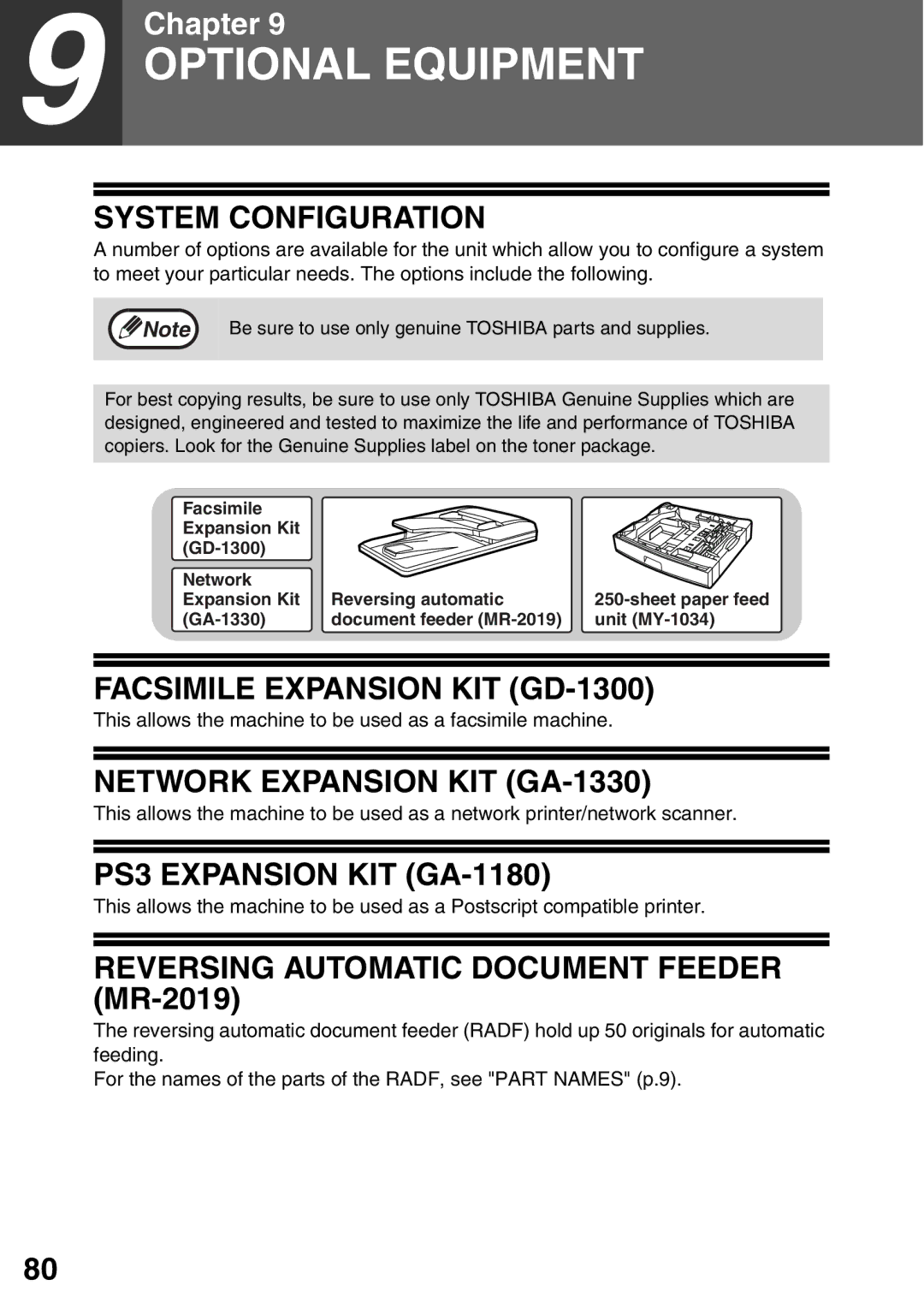 Toshiba 203SD manual Optional Equipment 