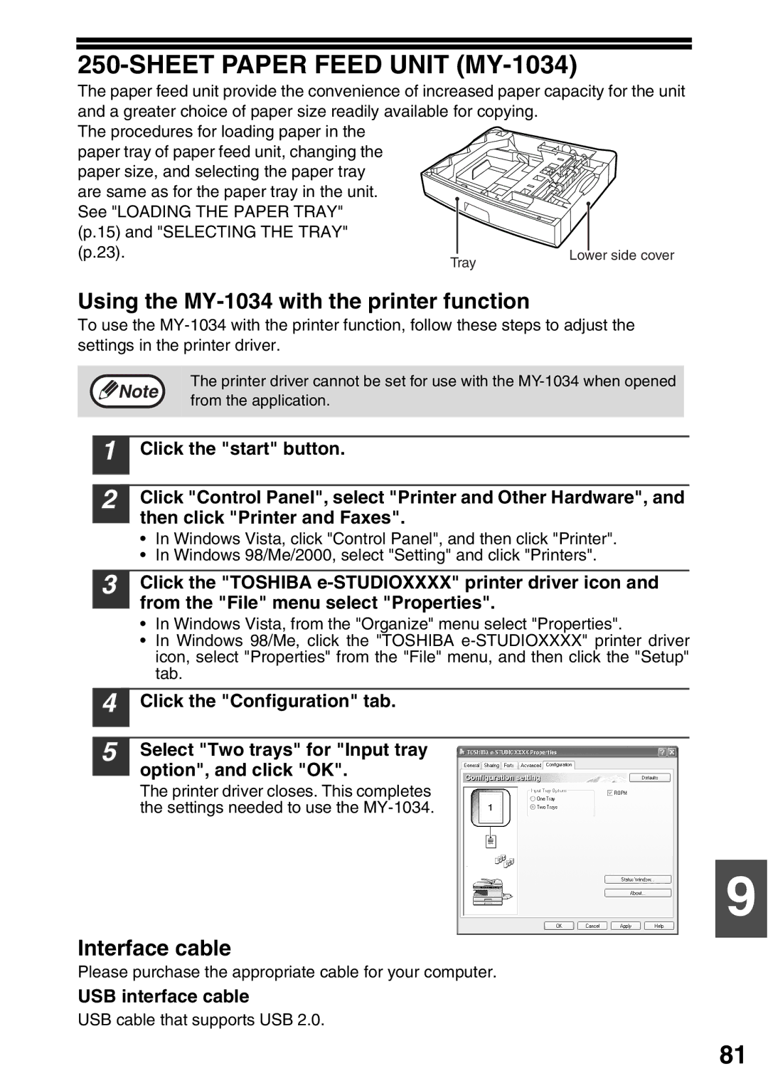 Toshiba 203SD manual Sheet Paper Feed Unit MY-1034, Using the MY-1034 with the printer function, Interface cable 