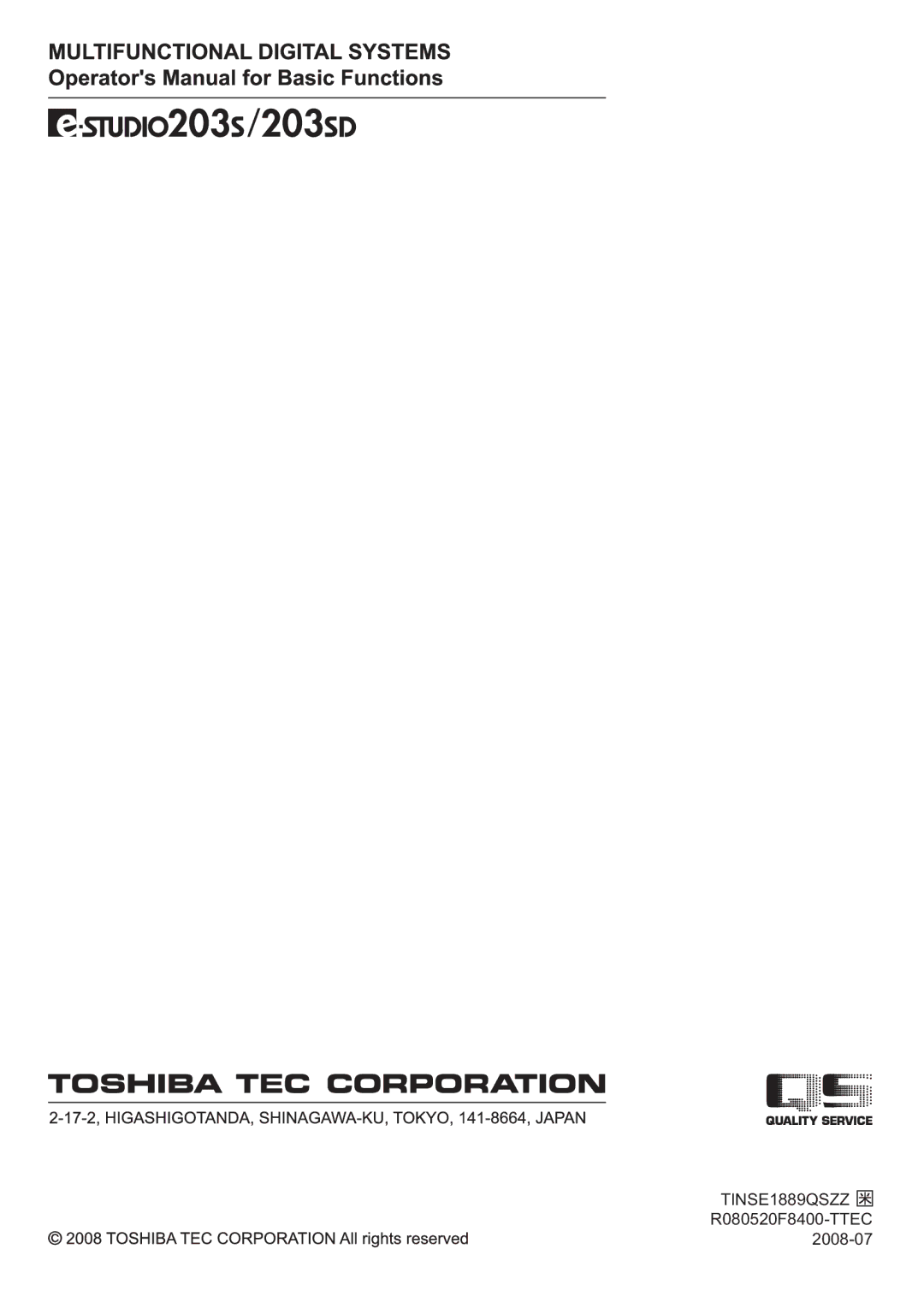 Toshiba 203SD manual TINSE1889QSZZ R080520F8400-TTEC 