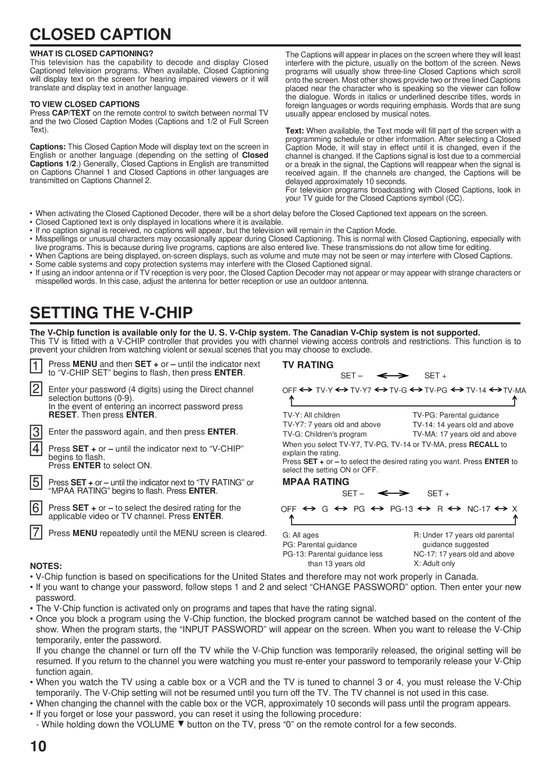 Toshiba 20A23 manual Closed Caption, Setting the V-CHIP, Mpaa Rating begins to flash. Press Enter 