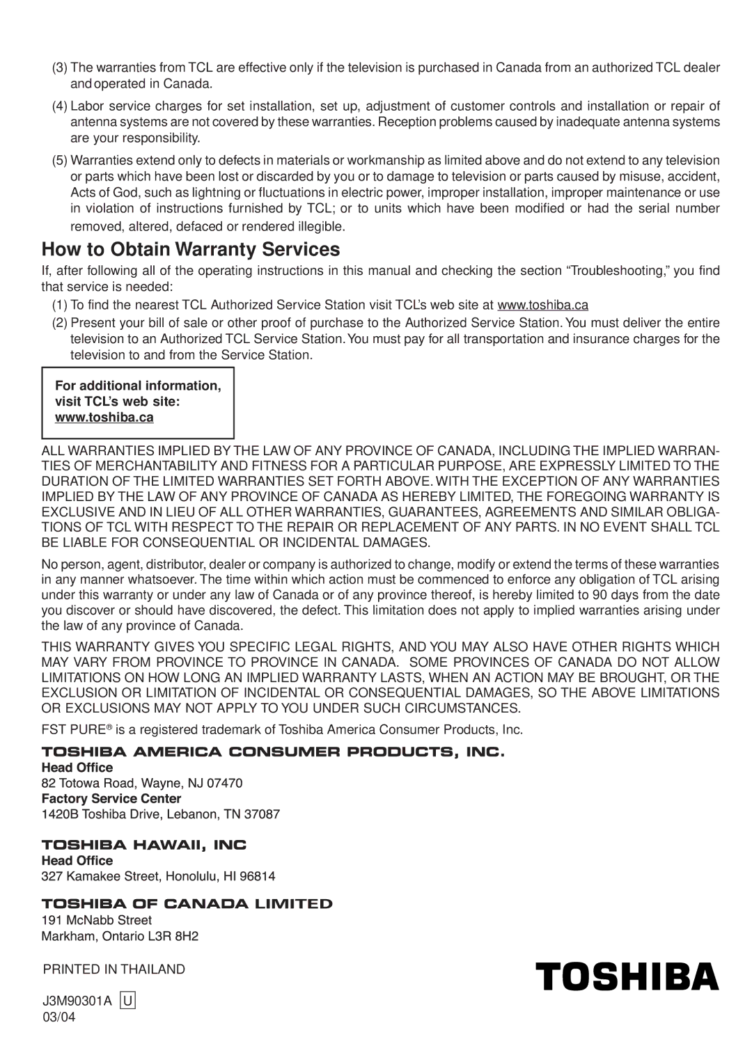 Toshiba 20A23 manual How to Obtain Warranty Services 