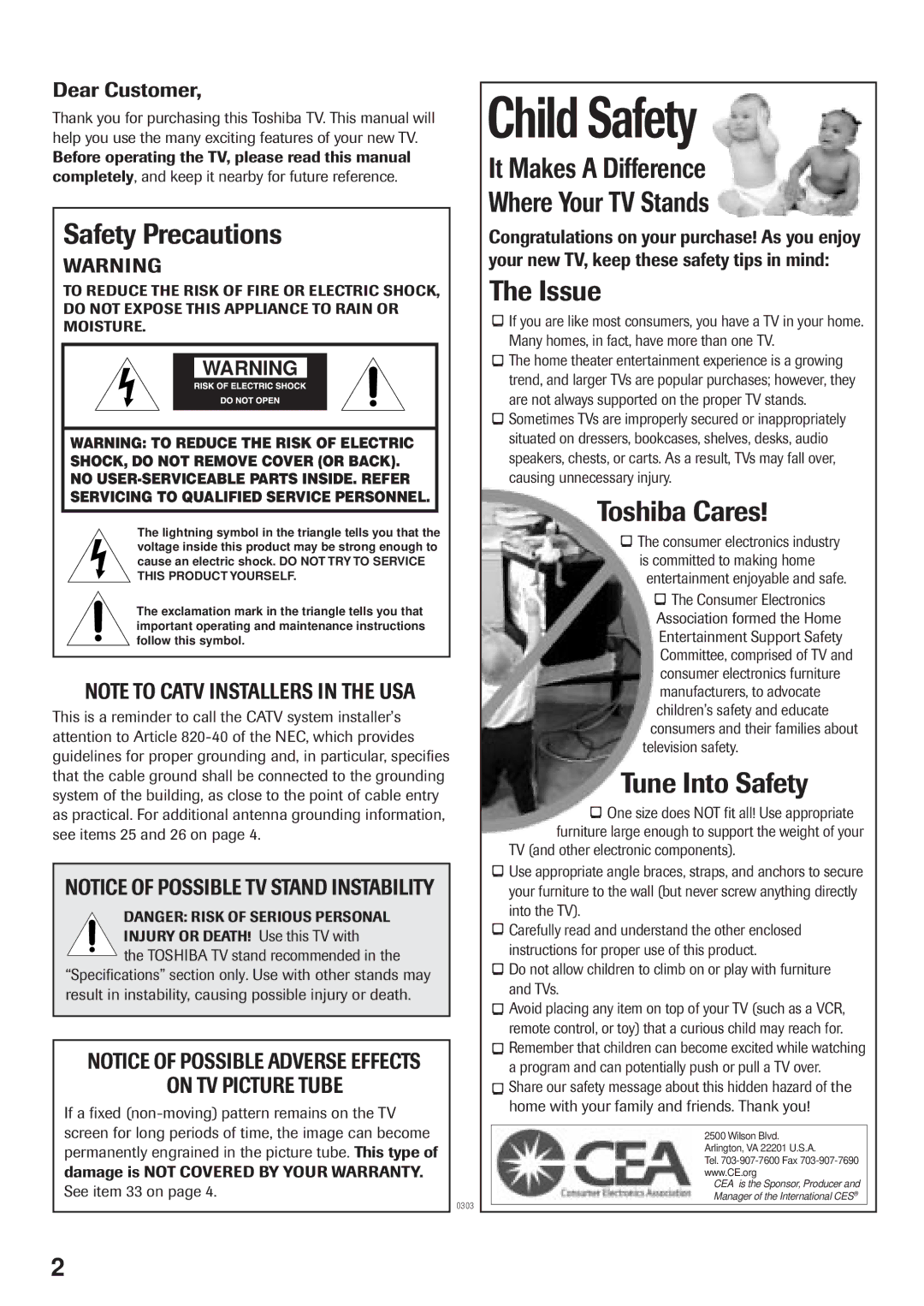 Toshiba 20A23 manual Safety Precautions, Dear Customer 