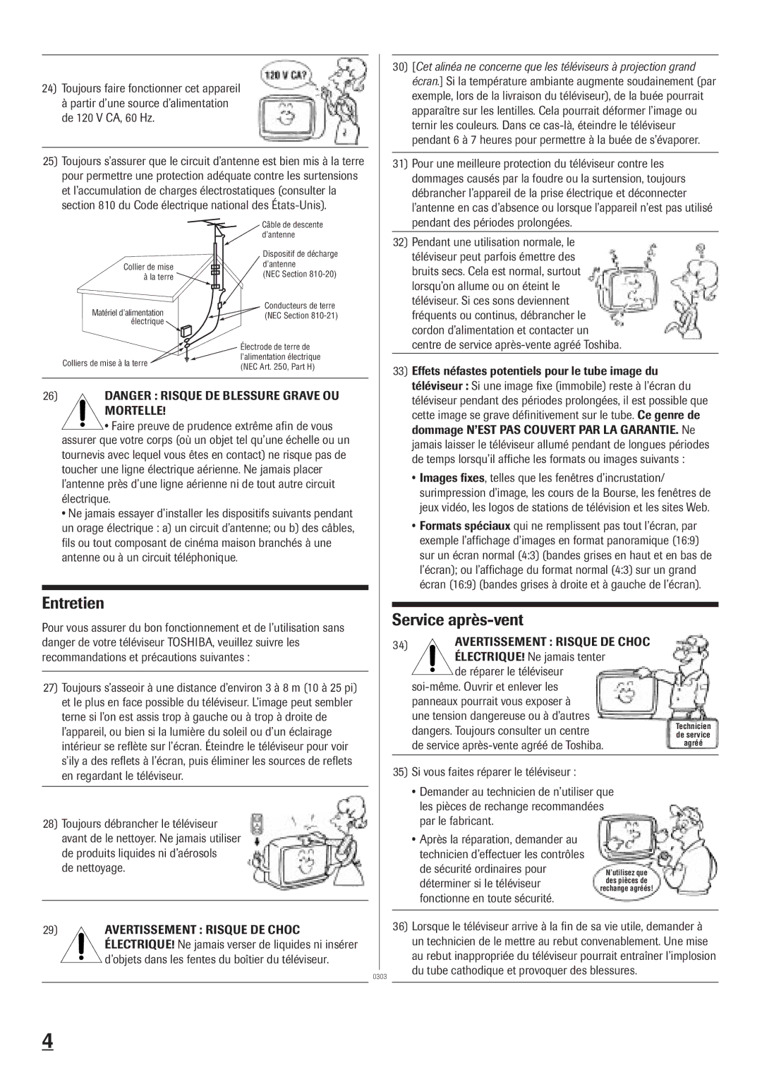 Toshiba 20A23 manual Entretien, Service après-vent, Mortelle 