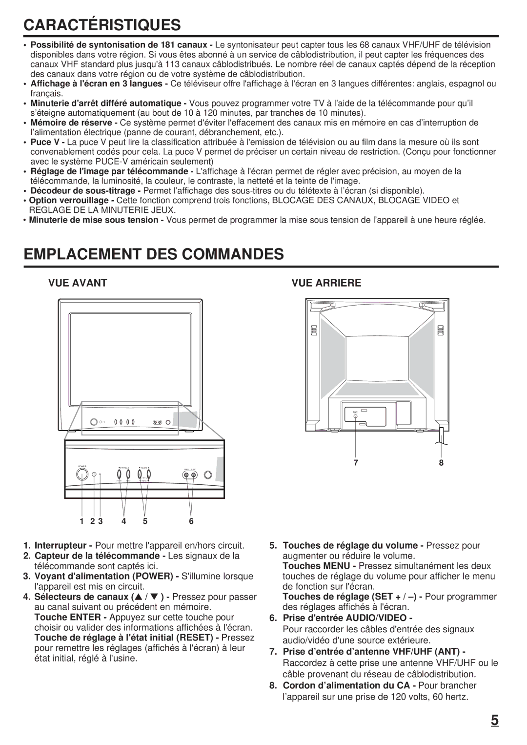 Toshiba 20A23 manual Caractéristiques, Emplacement DES Commandes, VUE Avant VUE Arriere, Reglage DE LA Minuterie Jeux 