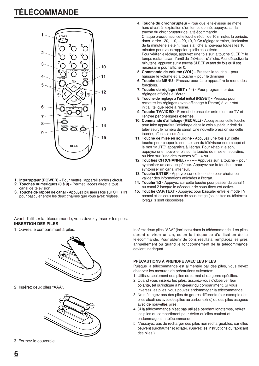 Toshiba 20A23 manual Télécommande, Insertion DES Piles 