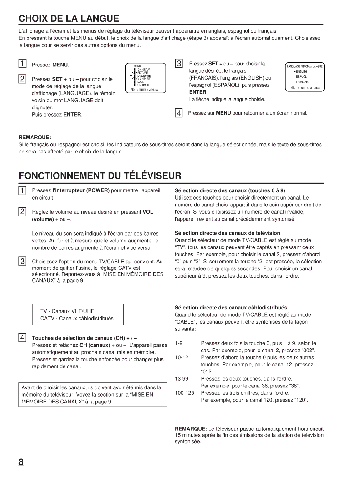 Toshiba 20A23 manual Choix DE LA Langue, Fonctionnement DU Téléviseur, Remarque 