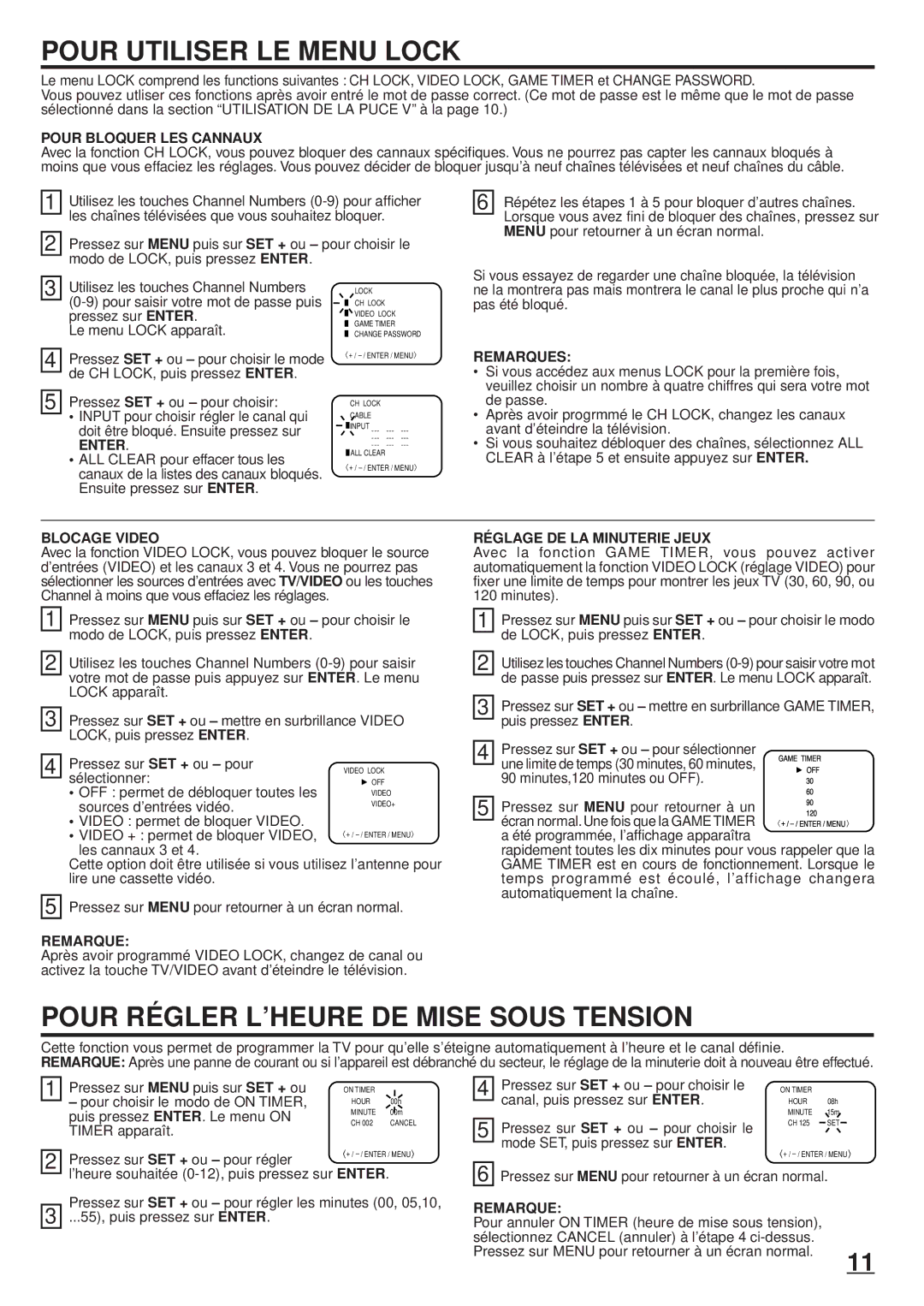 Toshiba 20A23 manual Pour Utiliser LE Menu Lock, Pour Régler L’HEURE DE Mise Sous Tension 