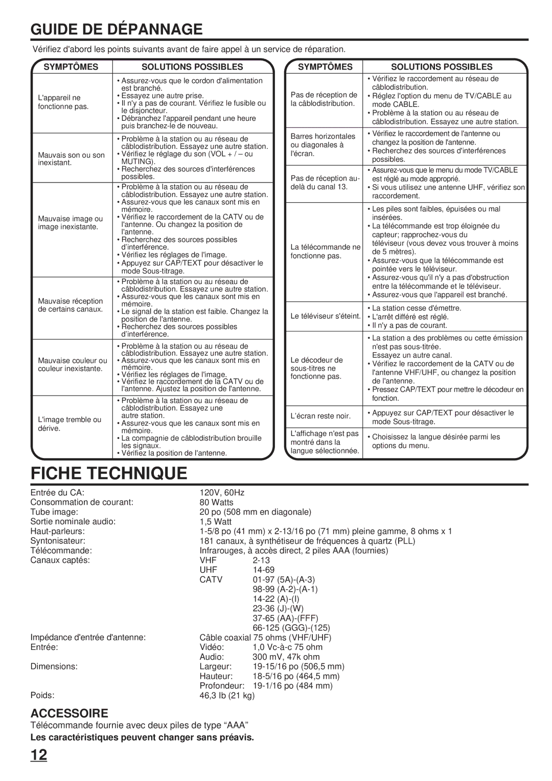 Toshiba 20A23 manual Guide DE Dépannage, Symptômes Solutions Possibles, Télécommande fournie avec deux piles de type AAA 