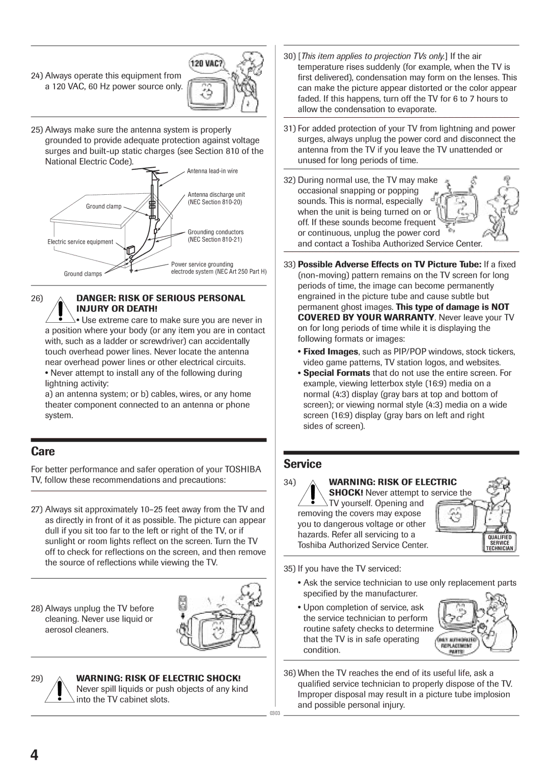 Toshiba 20A23 manual Care, Service, Injury or Death 