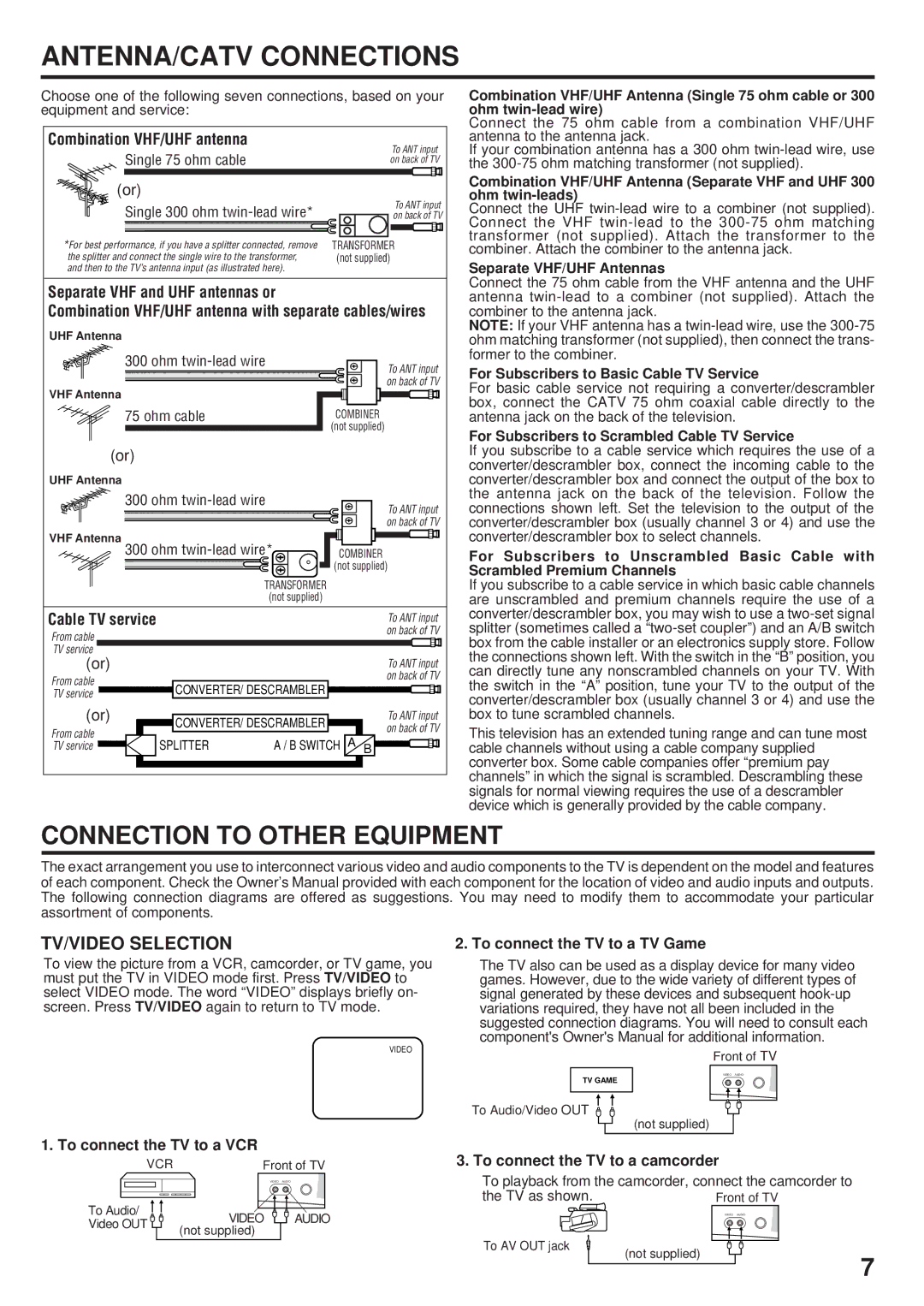 Toshiba 20A23 manual ANTENNA/CATV Connections, Connection to Other Equipment, TV/VIDEO Selection 