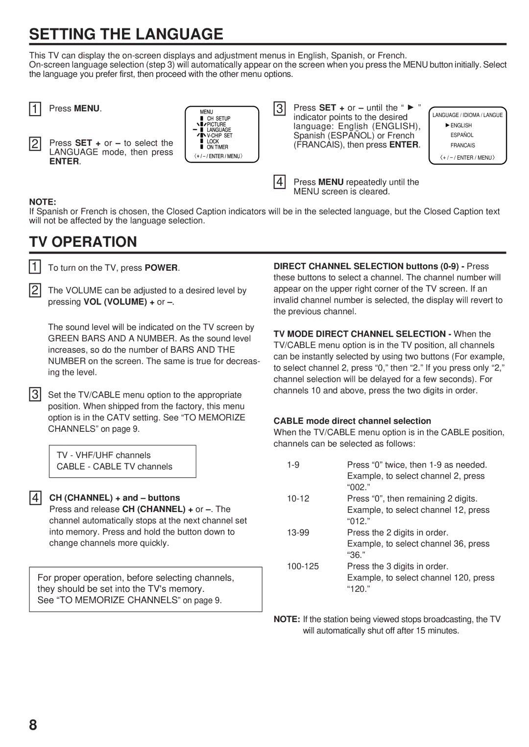 Toshiba 20A23 manual Setting the Language, TV Operation, Enter 