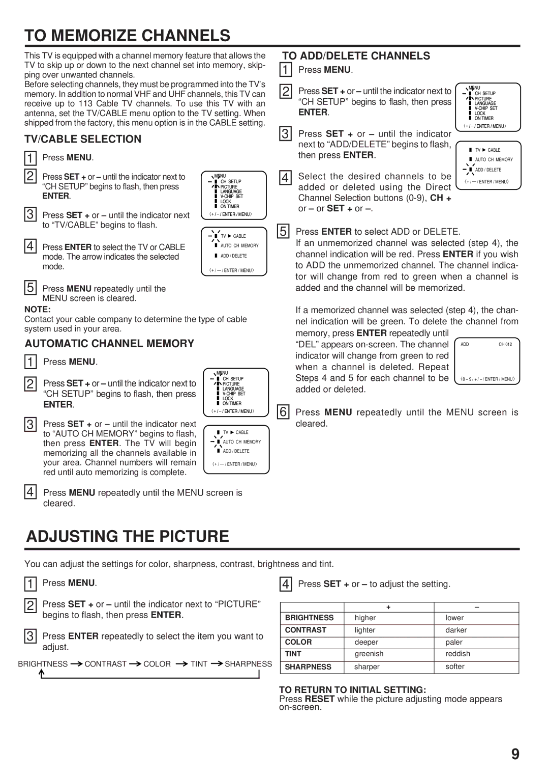 Toshiba 20A23 manual To Memorize Channels, Adjusting the Picture, TV/CABLE Selection To ADD/DELETE Channels 