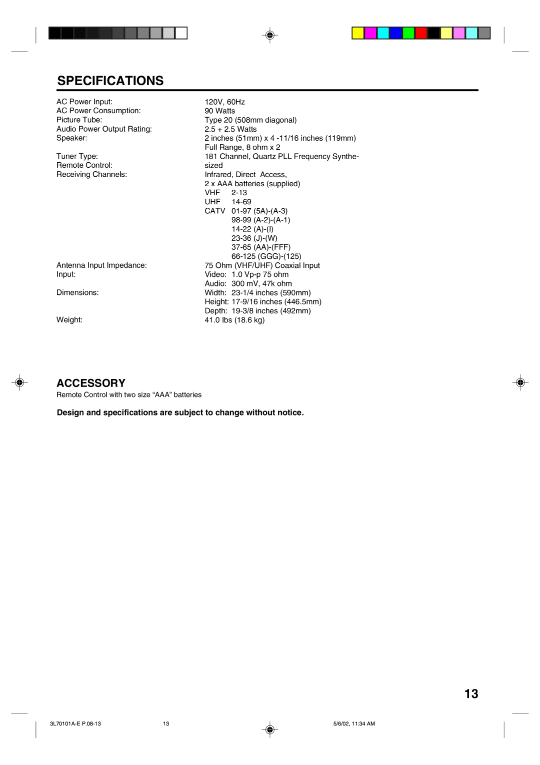 Toshiba 20A42 manual Specifications, Catv 