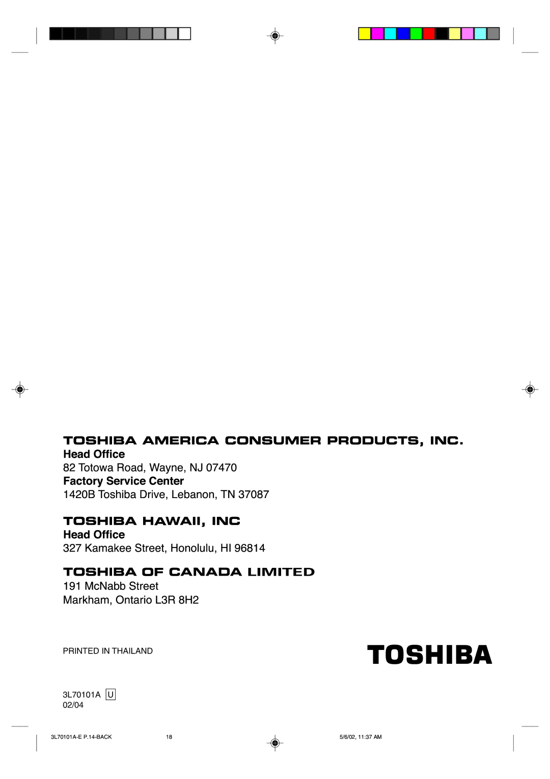 Toshiba 20A42 manual 3L70101A U 02/04 