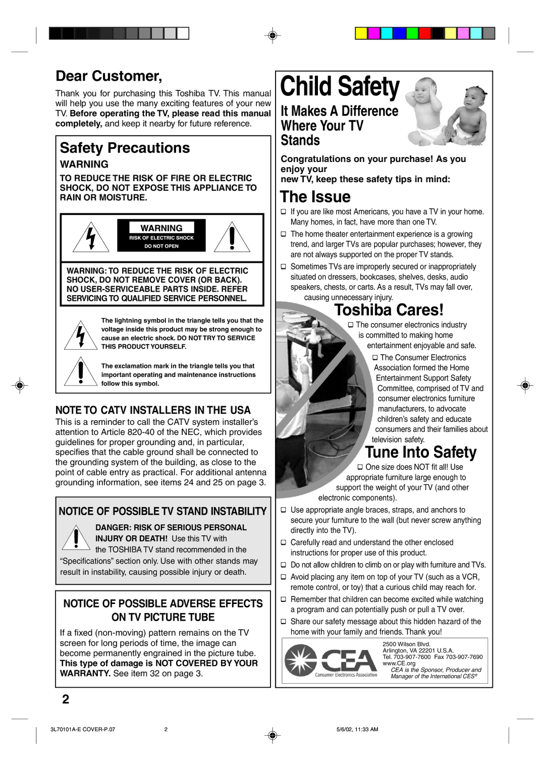 Toshiba 20A42 Dear Customer, Safety Precautions, It Makes a Difference Where Your TV Stands, Causing unnecessary injury 